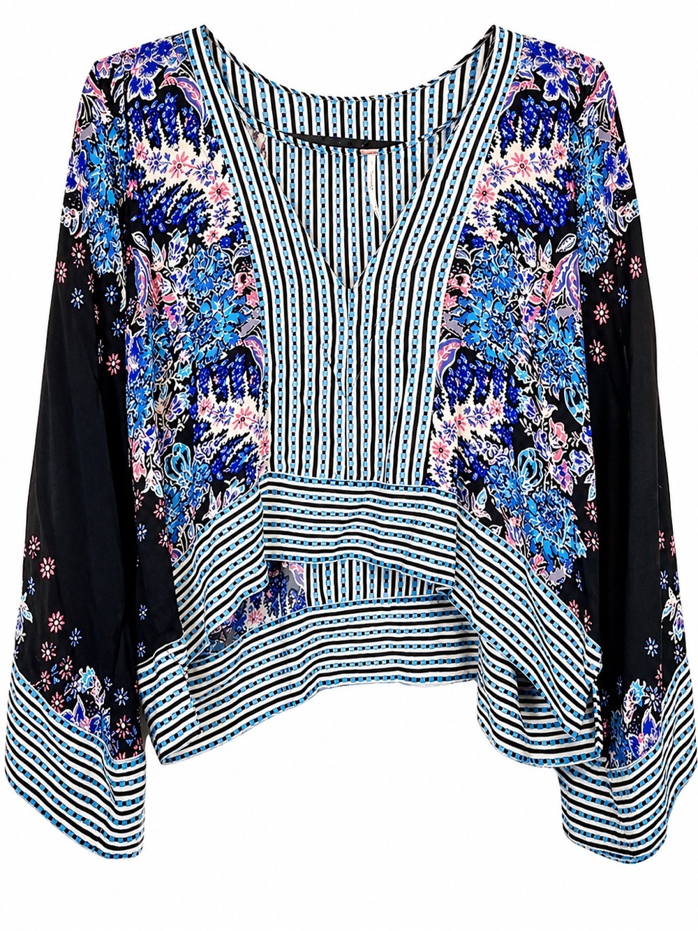 Free People Mix N Match Floral Boho Kimono Sleeve Top Blue Black XS NWOT